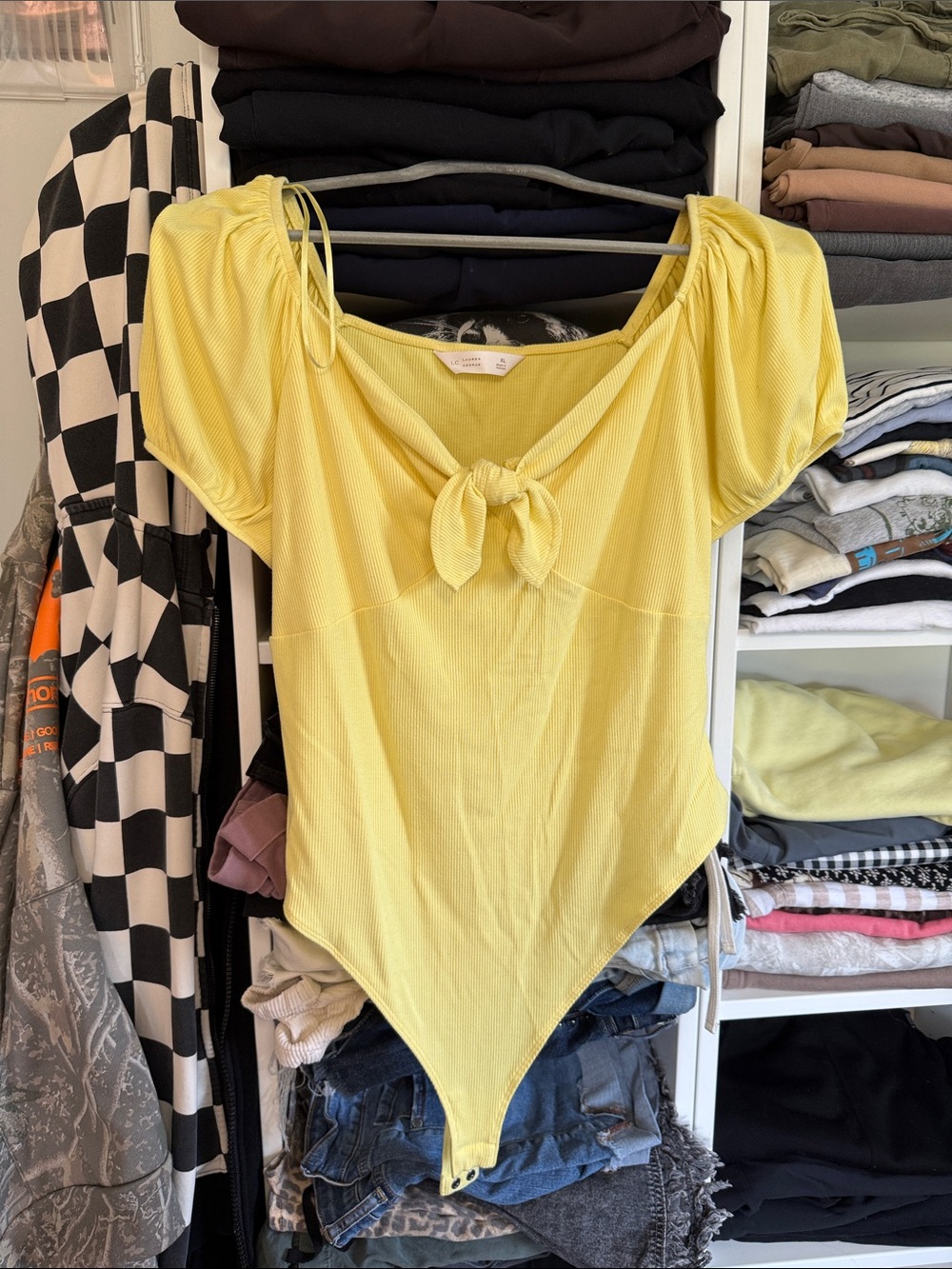 LC Lauren Conrad Yellow Tie-Front Puff Sleeve Bodysuit
